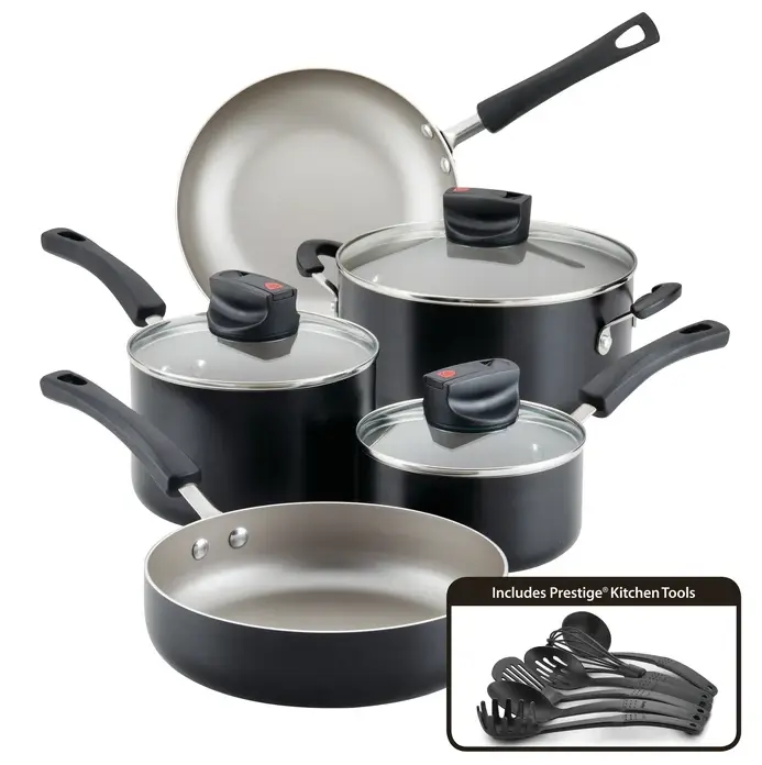 Farberware Smart Control 14-Piece Nonstick Cookware Set, Pots and Pans Set with Frying Pans, Saucepans, Stockpot, Glass Lids and Kitchen Utensils, Easy Clean Cookware for Home Cooking and Meal Prep