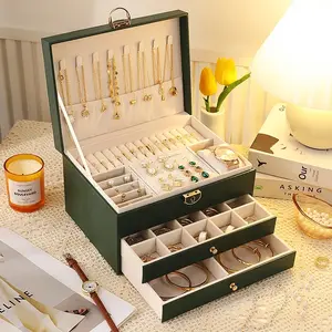 Leather Three-layer Jewelry Box Jewelry Box Rectangular Drawer Box Jewelry Accessories Storage Box Velvet Storage Box Rhombus Multi-layer Large Capacity Jewelry Box