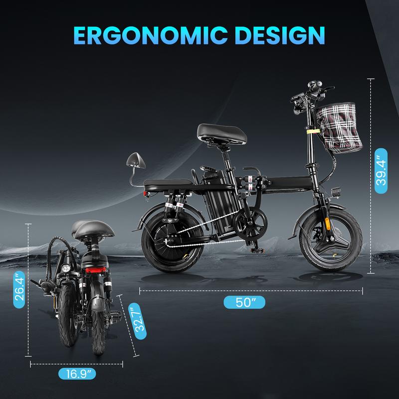 A9 Electric Bicycle 48V/16Ah Folding Bike for Adults, 14" Ebike Urban City, 10 Shock Absorptions, Cheap Affordable Time Trial Bike Handlebar Bag
