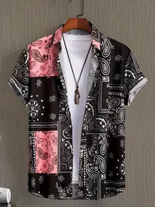 Men's Colorblock Paisley Print Button Front Shirt, Regular Fit Casual Button Down Fashion Stylish Short Sleeve Collared Shirt for Summer, Men's Clothes for Daily Wear, Casual Fitted Shirt
