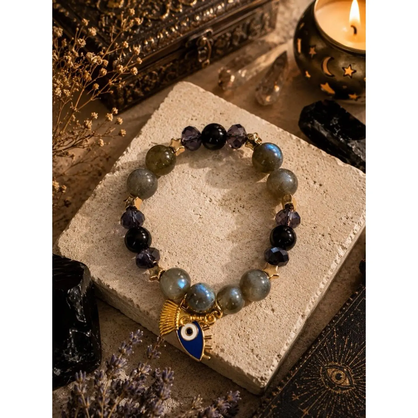 Obsidian Black & Labradorite Intuition Protection Bracelet with Turkish Eye & Witch Broom Handcrafted Natural Stone Amulet for Rituals Meditation