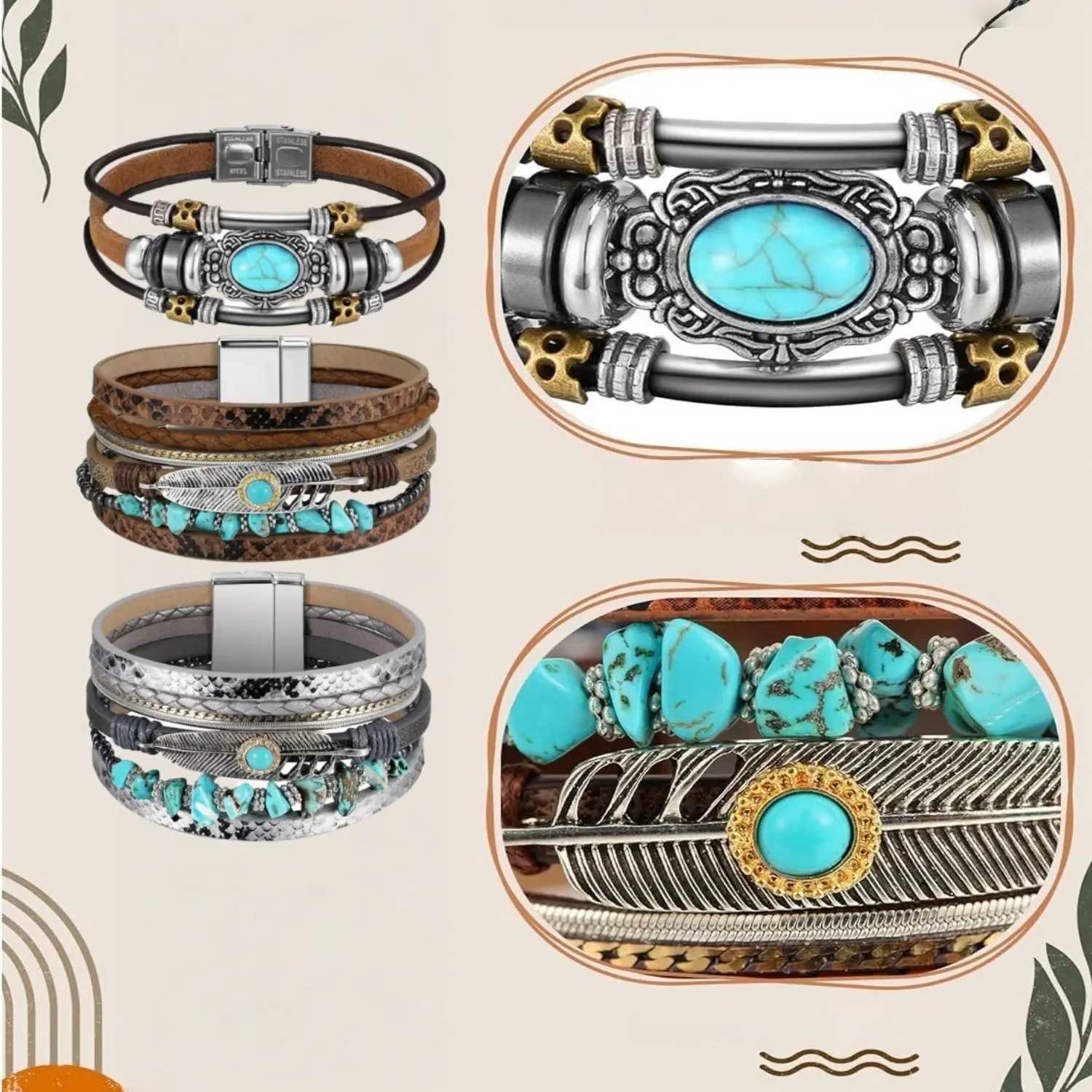 3-Pcs Cowboy Chic Turquoise Stackable Bracelet Set, Western Style Bracelet with Leather Strap, Bohemian Multicolor Design, Comfortable Fit Premium Materials, Christmas Gift for Loved Ones (for Western & Boho Outfits), Leather Strap Bracelet