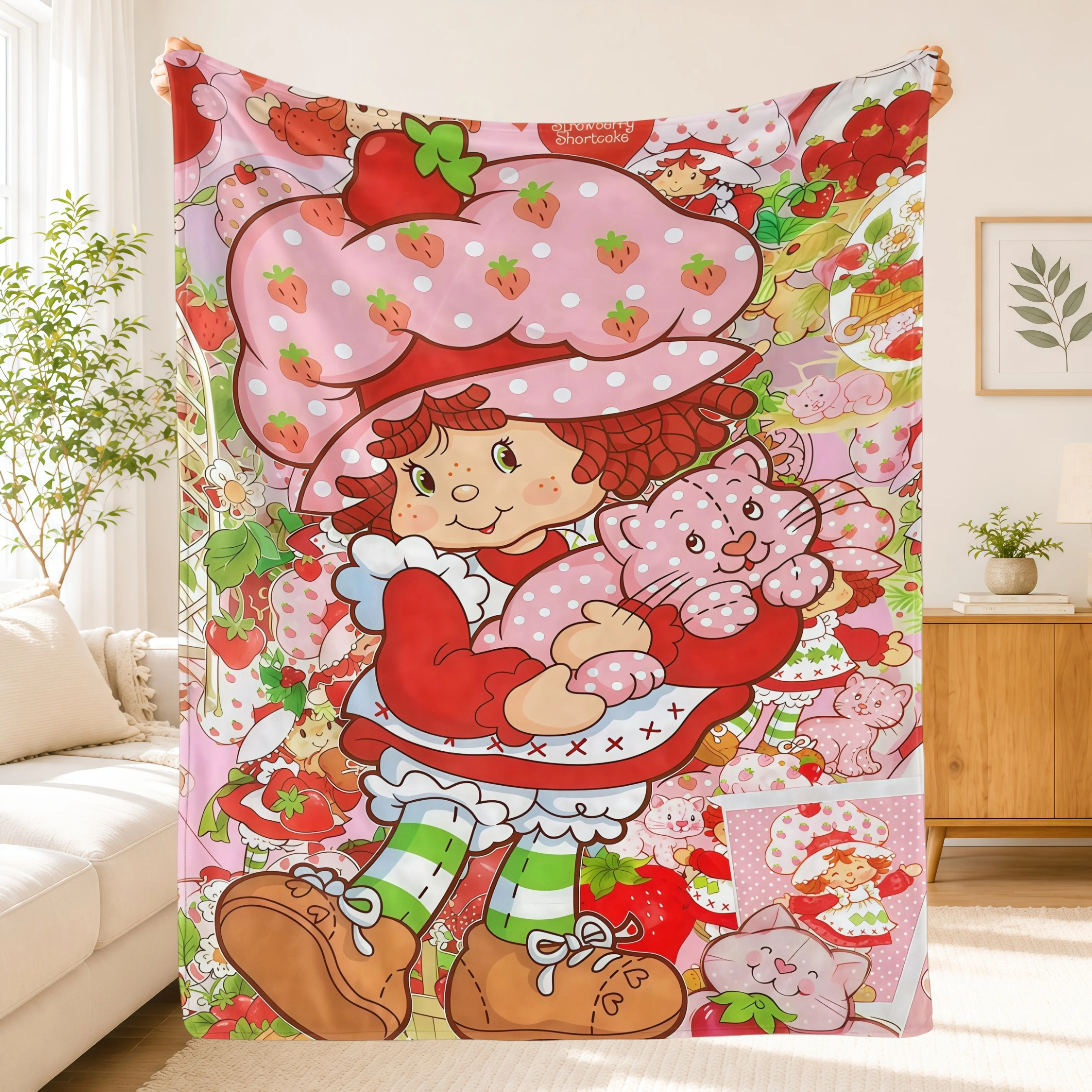 Cute Cartoon Strawberry Girl Blanket Soft Flannel Throw Blanket,Pink Berry Kawaii Print Cozy Lightweight Blanket for Bed Couch Sofa,Birthday Holiday Gift for Girls Kids