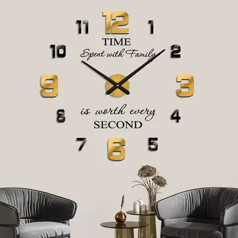 DIY 80x80cm Round 3D Acrylic Glossy Marble Black & Gold Mirror Wall Clock Set - Adjustable, Fade-Resistant, Dry Battery Operated, Silent Sweep, Hour/Minute Hands, Easy Installation, Modern Minimalist Home Decor, Decorative Pattern Accessories, Daily Use