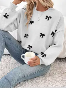 Women's Bow Pattern Drop Shoulder Sweater, Casual Long Sleeve Round Neck Fall Winter Pullover, Fashion Knitwear for Daily Wear