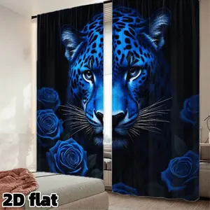 2-piece set of blue leopard print rose printed curtains, modern wildlife themed curtains, bright blue leopard pattern, semi transparent polyester fabric, living room, bedroom, kitchen, elegant home decoration curtains, Home Textile
