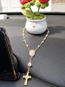 1pc Retro Cross Car Hanging Charm, Gold Tone Pearl Rosary Rearview Mirror Decor, Faith Car Interior Gift Adjustable Bracelet