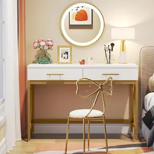 Tribesigns 41 Inches Computer Desk with Two Drawers, Modern Study Writing Desk with Storage, Makeup Vanity Table Office Desk with Gold Metal Frame for Home Office, Bedroom, White & Gold minivanity