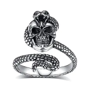 Eudora 925 Sterling Silver Skull Serpent Ring Adjustable Open Band Vintage Oxidized Snake Skeleton Gothic Punk Statement Jewelry for Men Women