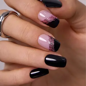 Midnight Shard Glam Press On Nails | CurvLife Nail | 24pcs Long Stiletto Fake Nails | Glossy Finish with Bold Pink Glitter & Black Contrast | Easy to Apply, Comfortable & Long-Lasting | Perfect for Nightclubs, Fashion Shows, After-Parties & Glam Nights
