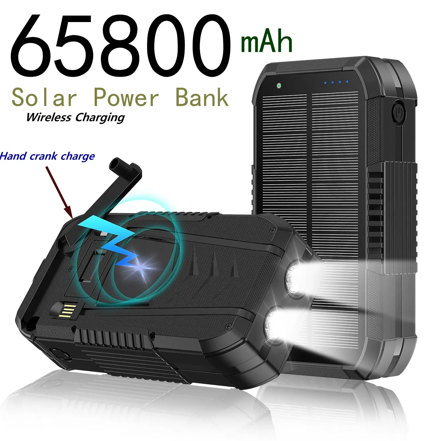 AMAUS Solar Charger 65800mAh Wireless Fast Charging, Multiple Ports USB/TPYEC, Suitable for Various Mobile Devices, Built-in Compass, Flashlight, LED Light, Portable Outdoor Phone Accessories, Compatible with Smartphones