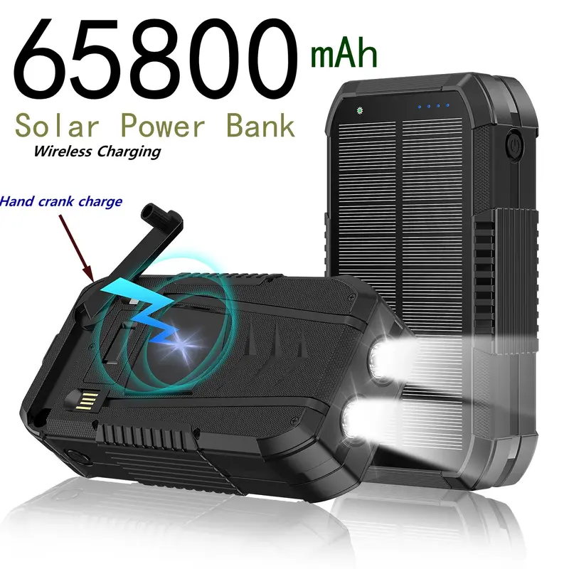 AMAUS Solar Charger 65800mAh Wireless Fast Charging, Multiple Ports USB/TPYEC, Suitable for Various Mobile Devices, Built-in Compass, Flashlight, LED Light, Portable Outdoor Phone Accessories, Compatible with Smartphones