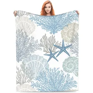 Nautical Coastal Blanket Starfish Seashell Coral Beach Themed Throw Blanket Gifts for Soft Fleece Cozy for Sofa Couch Bed Room Birthday Decorin