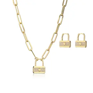Padlock Pendant Chunky Chain Necklace & Earrings Set for Women, Golden Plated Bling Hip Hop Jewelry, Trendy Couple Gift, TikTok Viral Accessories