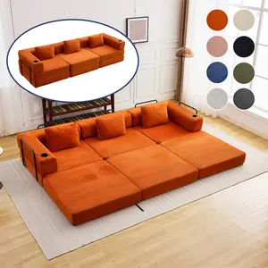 Modular Sofa bed with 3 seaters, Convertible Boneless Sleeper couches with Pillow, Corduroy folding mattress couch with Fixed-shape frame. Floor sofa lounge couch for living room bedroom lounge studio—2 package shipping