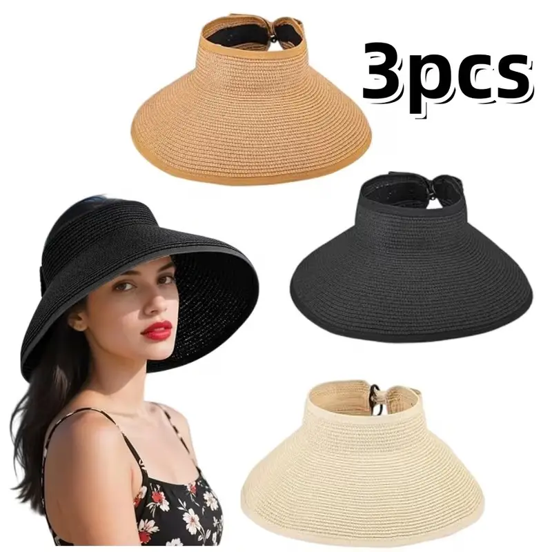 3pcs Adjustable Straw Beach Hat Wide Brim Ponytail Sun Visor Hats Women Foldable Floppy, Perfect for Gardening, Walking Along The Beach or Any Other Outdoor Activities, Summer Essentials, Lightweight Design, Adjustable Fit, Comfortable Wear tiktokshopspri