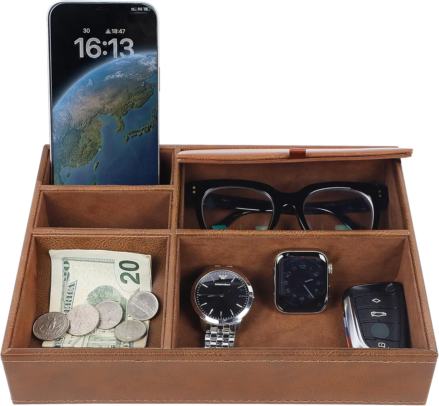 Men's Valet Tray,  Box Nightstand Organizer with 5 Compartments for Phone  Wallet Watch Glasses, Faux Leather Dresser Entryway Catchall Holder for Father's Day  (Brown)