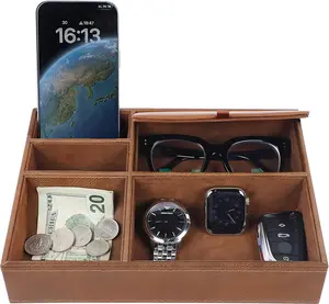 Men's Valet Tray,  Box Nightstand Organizer with 5 Compartments for Phone  Wallet Watch Glasses, Faux Leather Dresser Entryway Catchall Holder for Father's Day  (Brown)