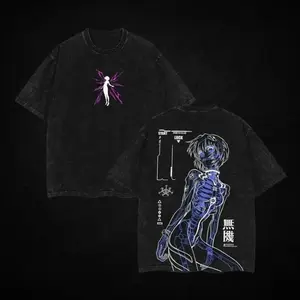 Mens Vintage Washed Neon Genesis Evangelion Rei Ayanami Graphic Tee Retro Anime Cotton Short Sleeve Crewneck Oversized Streetwear Shirt for Daily Wear