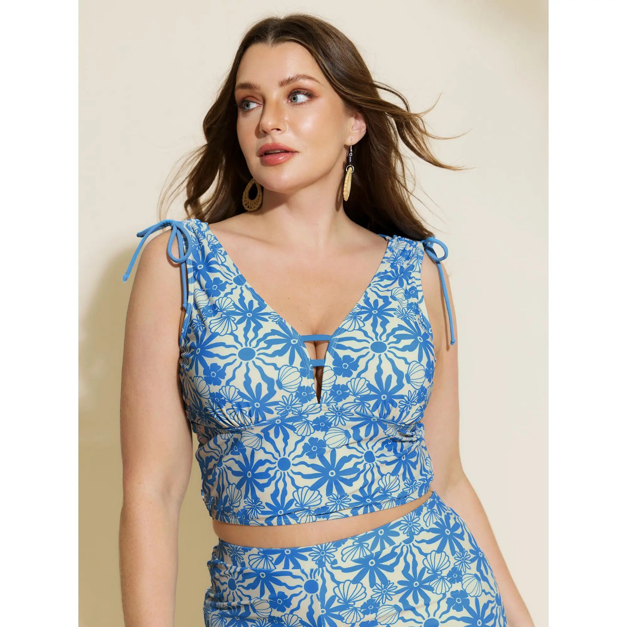BloomChic Plus Size Sporty Marine Print Bikini Top, Stretch Nylon Swimwear with Lace-Up Cut-Out, Chlorine Resistant, Beach Bathing Suit, Swimsuit
