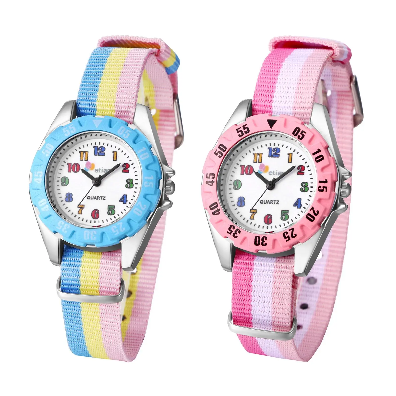 OIDEA Women's Time Teacher Simulated Quartz Analog Watch - Durable Breathable Nylon Striped Band, Round Dial, Metal Clasp, Arabic Numeral Markers, Functional, 90-Day Guarantee, Ideal Gift for Teenagers, School Use, Battery-Included Fashion Wristwatch
