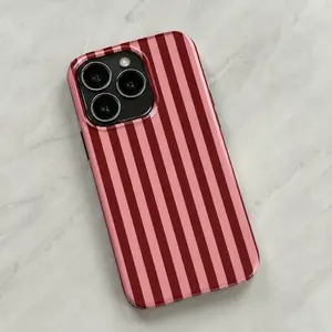 Glossy Slim Tough Burgundy & Pink Stripe MagSafe-Ready Magnetic iPhone Case - Fits iPhone 11/12/13/14/15/16/17 Series, Protective Mobile Phone Accessory, Lover Gift