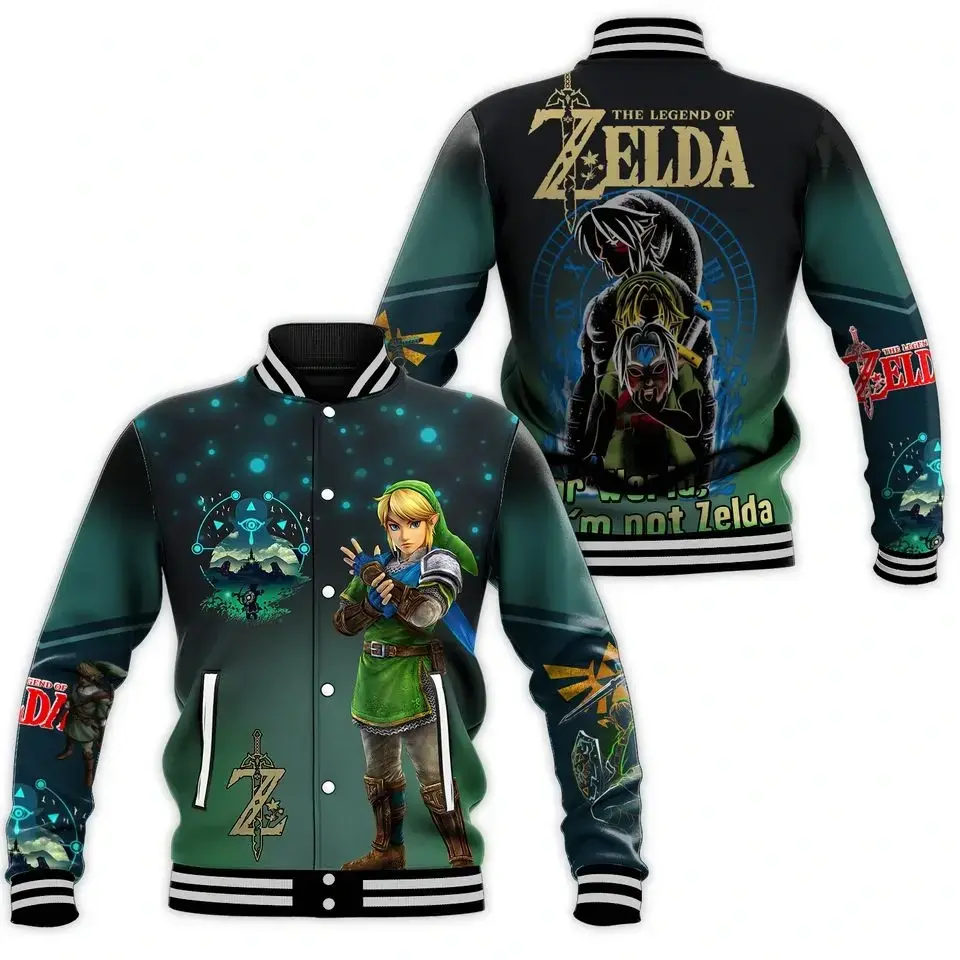 Zelda Inspired Baseball Jacket, Tears of the Kingdom Graphic Varsity Coat, Retro Gaming Streetwear Outerwear, Classic Sport Style Jacket, Unisex Casual Baseball Apparel