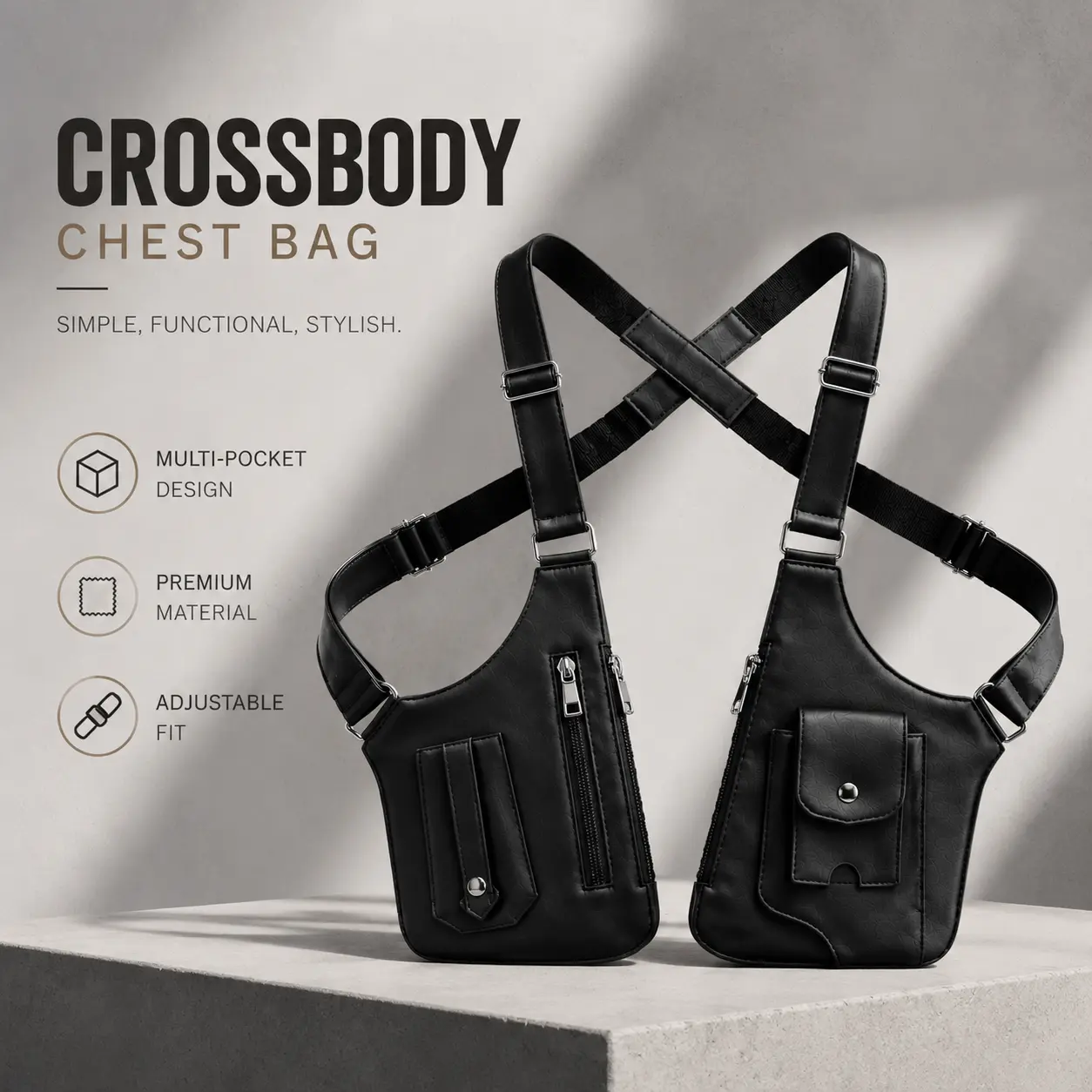 Men's PU Leather Compact Lightweight Double-Shoulder Armpit Bag, Adjustable Anti-Theft Crossbody Pack with Hidden Pocket for Daily Commute, Hiking, Gym Workouts, Business