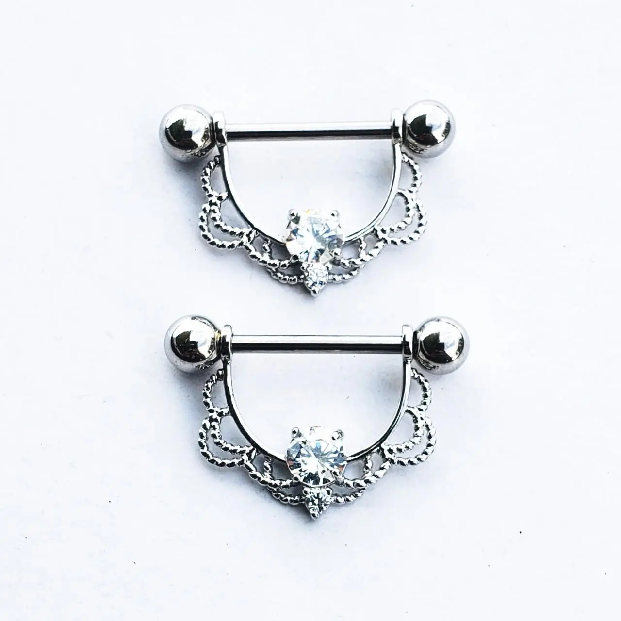 Nipple Ring - 14g & 16g Nipple Piercing Jewelry, Two Pieces with Decorative Design, Silver Finish