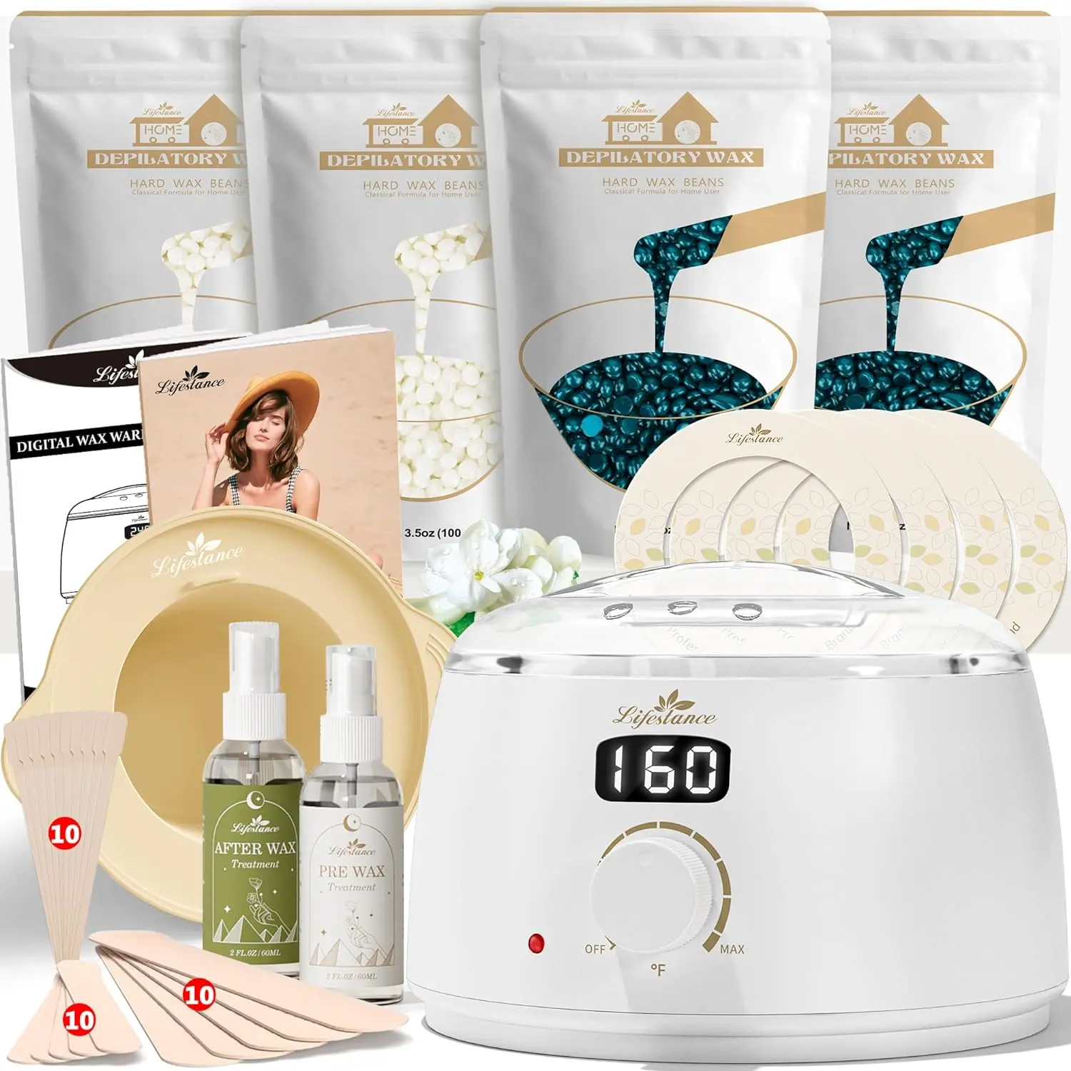 Lifestance L3 Digital Waxing Kit for Women & Men, Complete At-Home Wax Warmer Hair Removal Kit with Silicone Liner, 14.1oz Hard Wax Beads & Oil Spray for Brazilian, Bikini, Face, Legs, Armpits & Sensitive Skin
