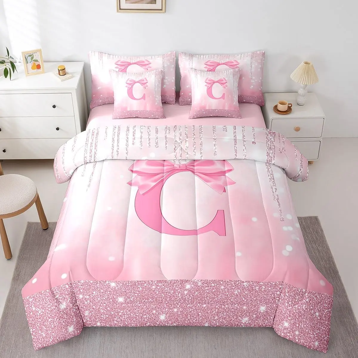 Kids Pink Bowknot Bed in A Bag,Personalized Initial C Comforter Set with Sheets Princess Glitter 7 Pieces Bedding Set Bow Alphabet Bed Set Bedroom Decor 7Pcs