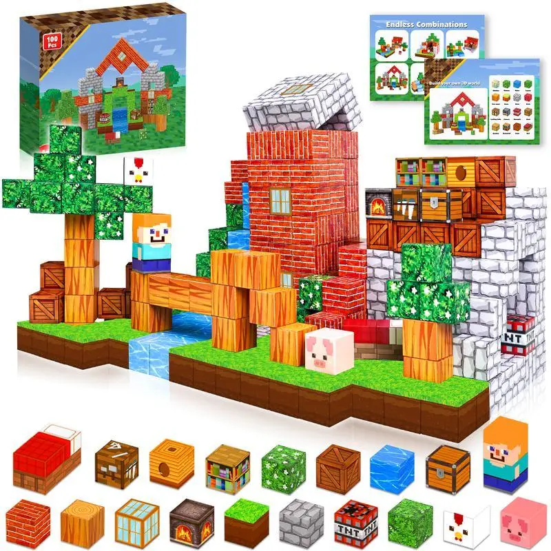 100PCS Magnetic Blocks-Build Mine Magnet World Set for Boys & Girls Age 3-5 6-8, STEM Sensory Toys for Toddlers Gifts for 3+ Years Old Girls Boys, Magnet Cubes Classroom Must Haves Construction Toys