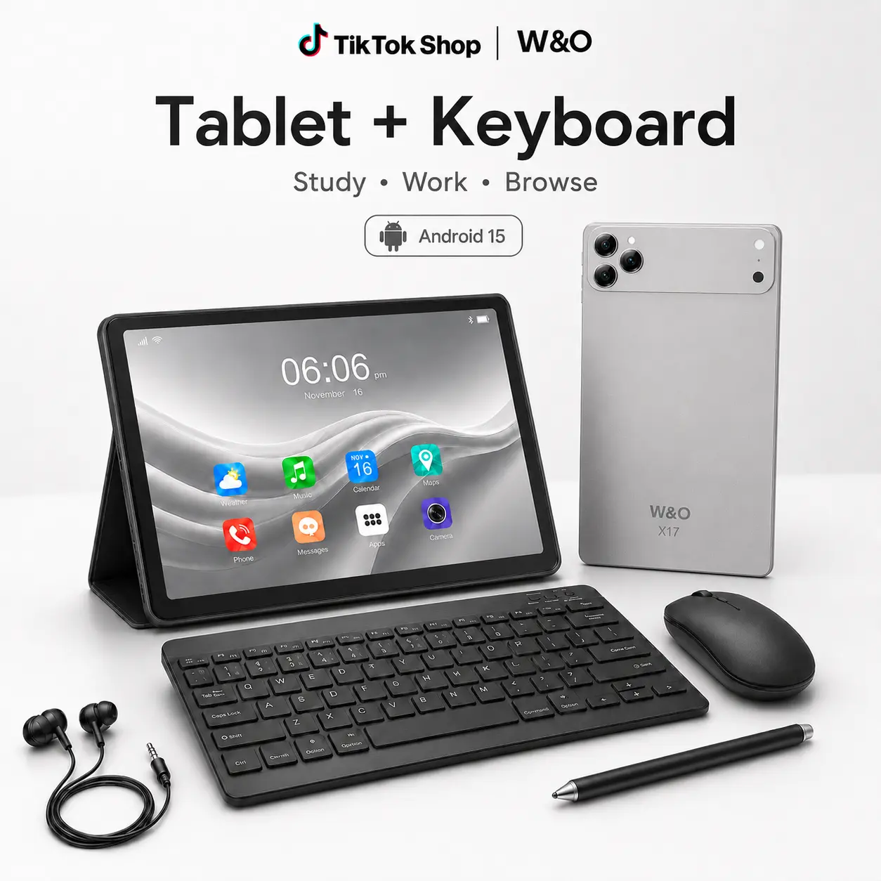 【BackToSchool】W&O 2026 Android 15, 11-inch Tablet, 12GB RAM + 256GB Expandable Storage, Long Lasting Battery, 10000mAh Battery, 5G WiFi, Portable Device with Keyboard, Mouse, Case, Stylus, Dual Camera, Work, Valentine’s Day Gift bundle smart, Us