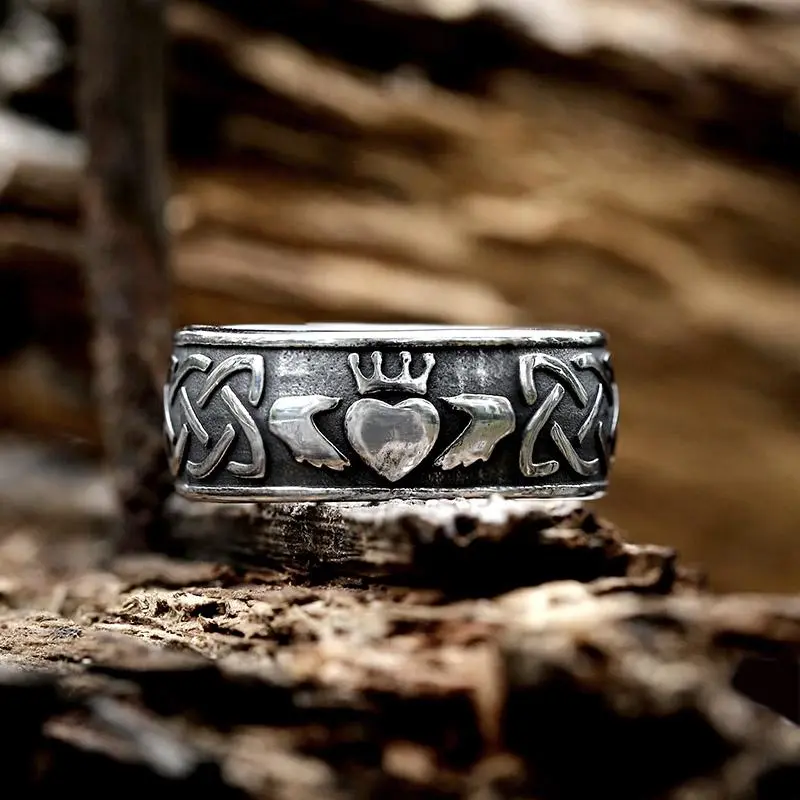 GTHIC Irish Claddagh Viking Ring Wide Band Heart Couple Rings for Men and Women Mother's Day Gift Stainless Steel GTHIC Irish Claddagh Viking Ring Wide Band Heart Couple Rings for Men and Women Mother's Day Gift Stainless Steel