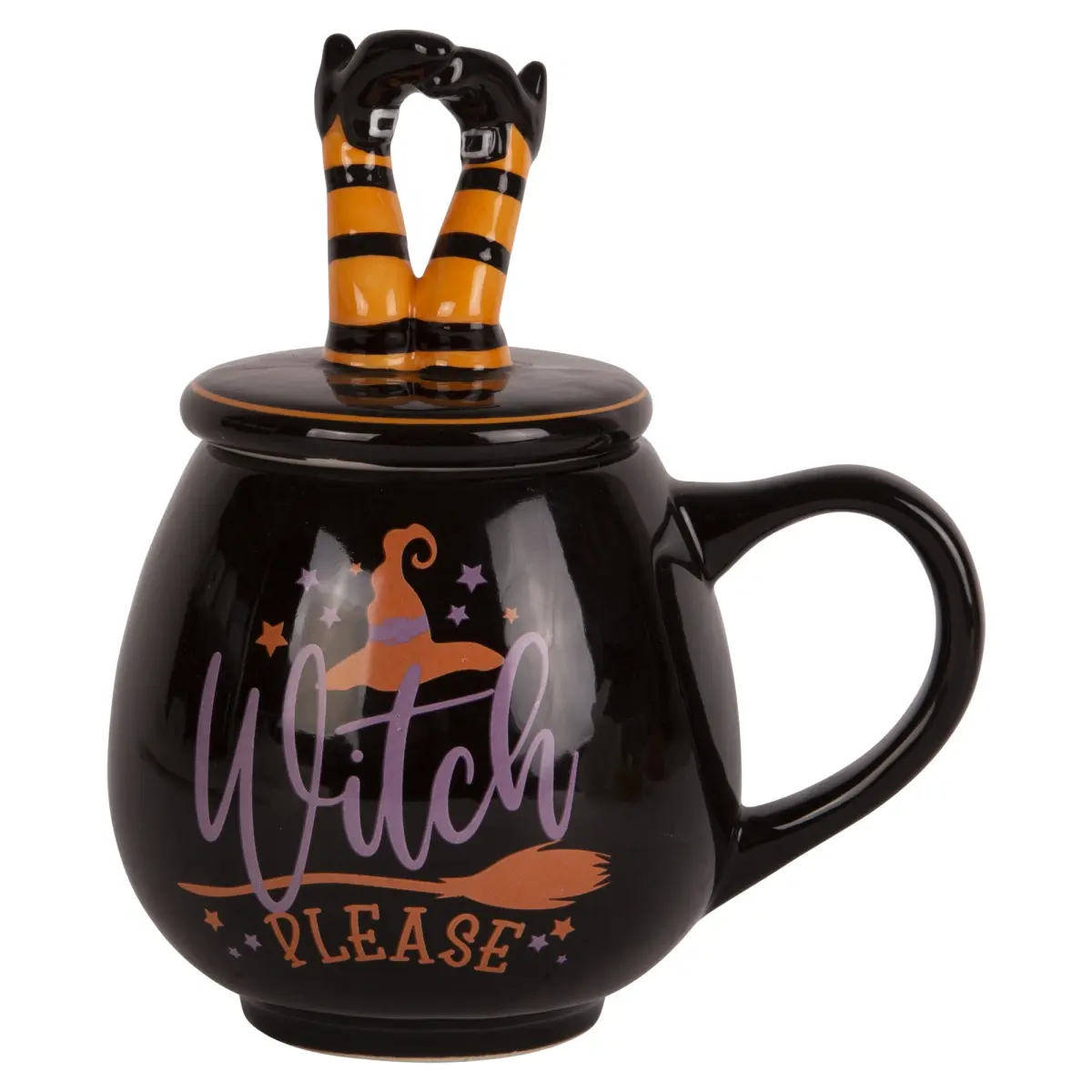 Home Essentials & Beyond 91013 Whimsical Striped Ceramic Witch Legs Lidded Mug, 17oz Halloween Kitchen Drinkware for Holiday Cocoa, Coffee