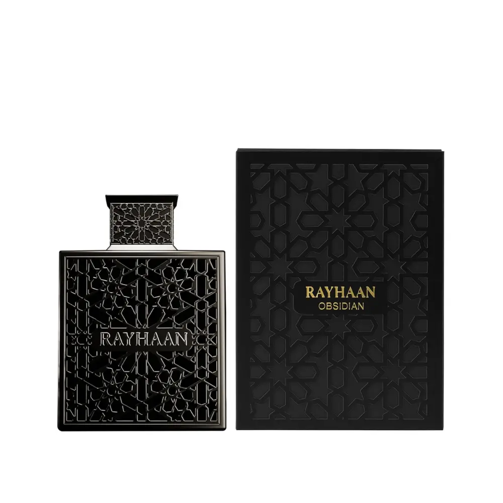 Rayhaan Obsidian Eau de Parfum 3.4 oz | Men's Woody Spicy Fragrance with Iris, Sueded Leather, Oud, Sandalwood | Long-Lasting Masculine Perfume