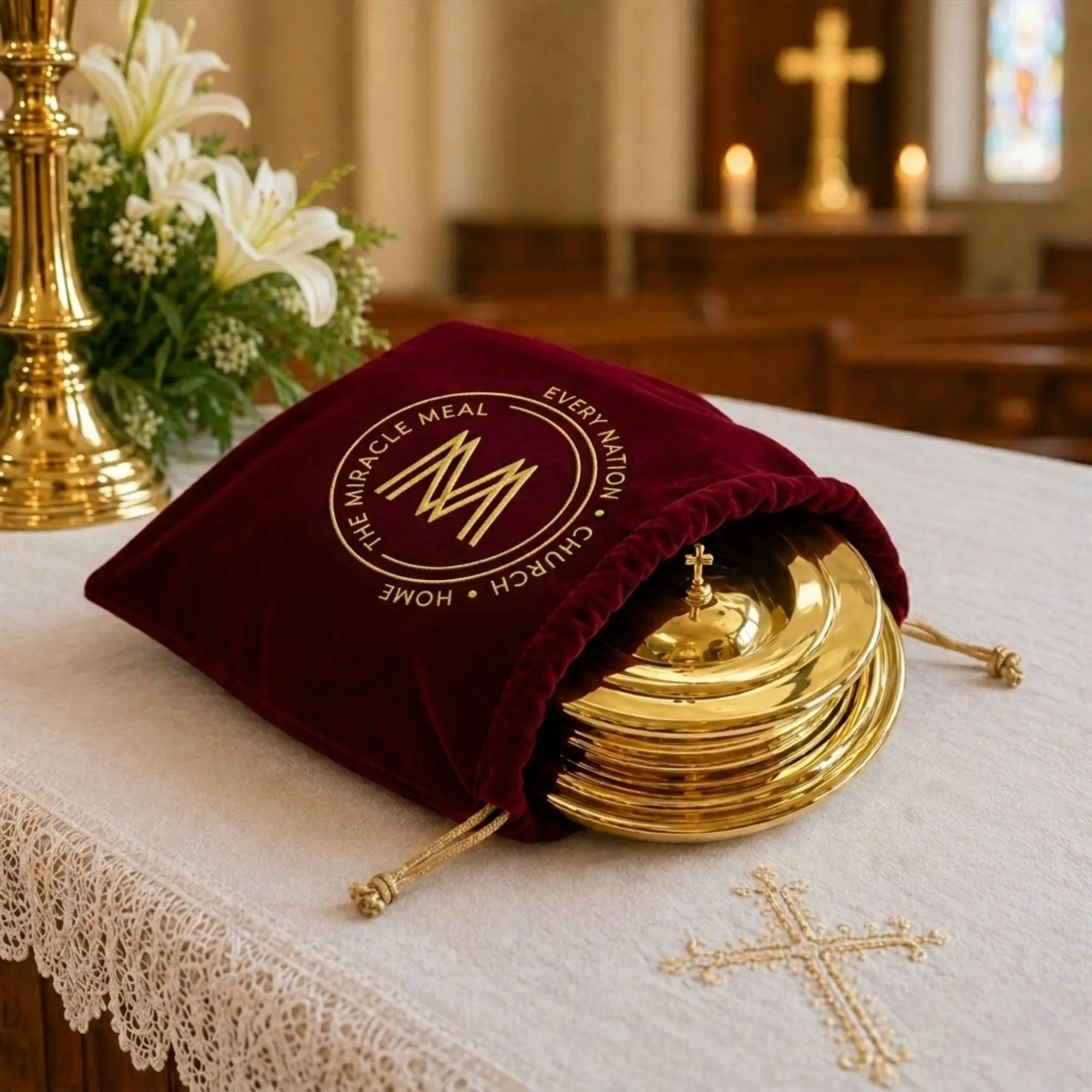 The Miracle Meal Burgundy Soft Velvet Communion Tray Organizer Pouch - Drawstring Bag for Pastors, Mission Teams, Scratch-Free Protection, Keeps Clean, Fits 10 Cups & Trays, Home Organizer Storage Solution