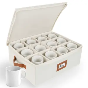 HOMELUX THEORY Mug Storage Box with Dividers Hard Shell China Containers Heavy Duty Coffee Cup Box for Glassware with Lid Thick Surface Sturdy Handle