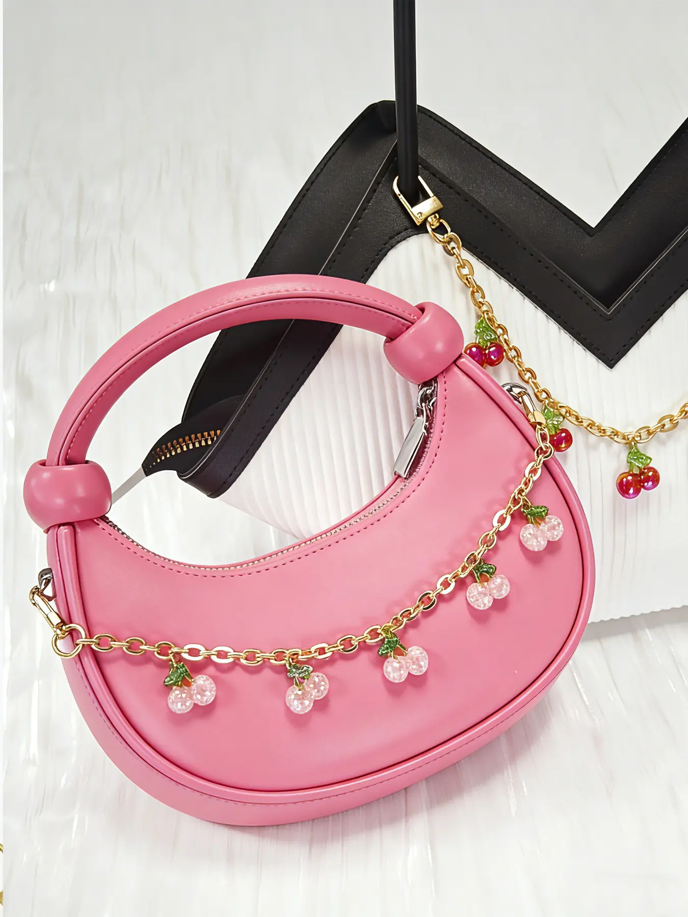 Y2K Style Cherry-Shaped Decorative Chain - Cute Shiny Red and Pink with Green Leaves Bag Charm, DIY Handbag Shoulder Strap Extension Chain, Holiday Party Accessory, Purse Accessories, Bag Chains for Handbags, Bag Extender Chain