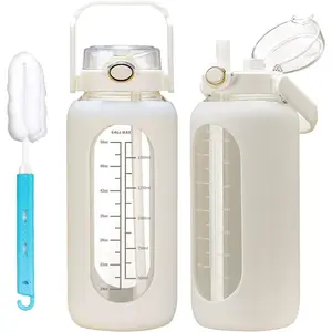 64oz Glass Water Bolttles with Straw Half Gallon Large Motivational Water Bottle with Time Marker Sports Water Bottles with Silicone Sleeve and Handle Lid Water Jug for Gym Workout : Sports & Outdoors