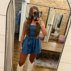 Smocked Chambray Romper - Dark Denim Romper - Bow Detail