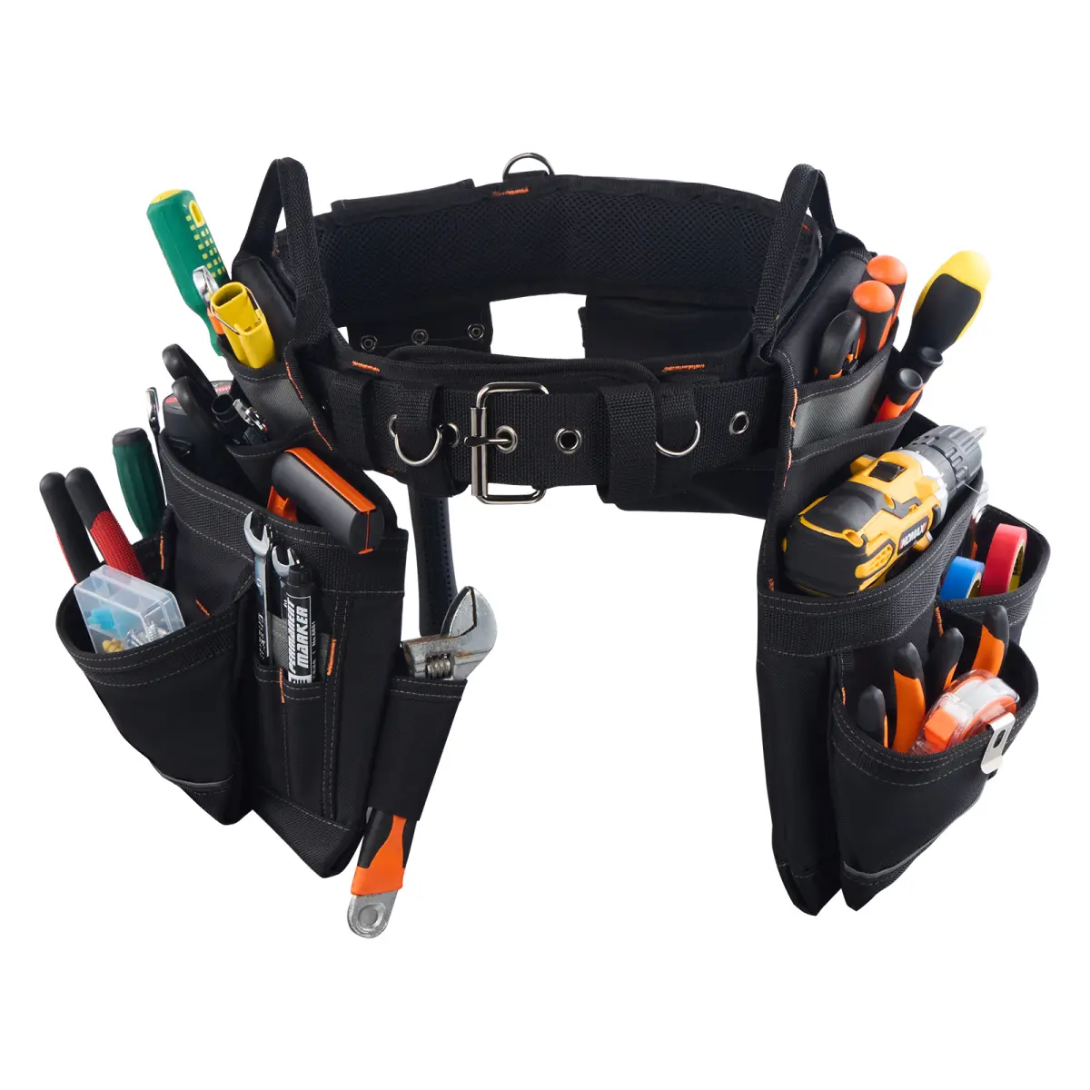 Professional Heavy-Duty Double-Stitched Tool Belt with 18 Pockets - Adjustable Slide Adjuster Detachable Utility Pouch - 31-51 in Work Organizer Apron for Electricians
