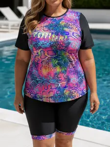 Fashionable and comfortable colorful gradient snake skin print plus size women's Tankini set, Hawaiian style surfing suit set that covers flesh and makes you look slimmer, the first choice for holiday beach parties, and a must-have item for beautiful wome