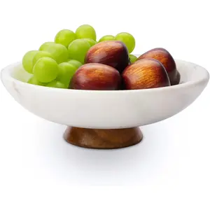 White Marble Fruit Bowl with Acacia  Pedestal, Large Decorative Footed Bowl,  Stone Centerpiece for Kitchen Counter, Entryway, , Dining Table, House Warming Gifts  (11Inch)