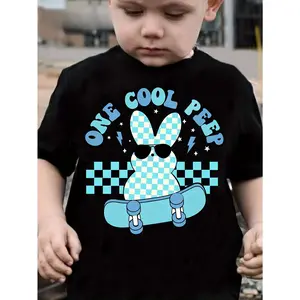TX1373 Easter Boy ONE COOL PEEP Skateboard Rabbit Print Trendy Novelty T-Shirt for Tween Boys