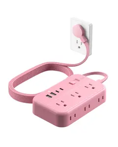 Pink Extension Cord Surge Protector Power Strip with 6 Outlets 4 USB Ports(20W), Flat Extension Cord with Multiple Outlets, 5 ft Flat Plug Outlet Extender for Indoor, Home, Office summervibes