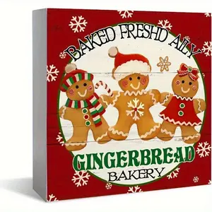 Gingerbread Decor, Merry Christmas Wooden Box Sign Desk decor, Gingerbread Christmas Decorations, Gingerbread Xmas Tabletop Decorations for Home Kitchen Shelf Office Desk Decor 5x5 Inch
