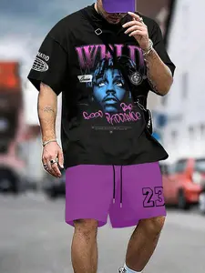 Men's Regular Fit The Weeknd Potted Brothers Print Short Sleeve Graphic Tee & Shorts Two-piece Set, Crew Neck T-shirt & Shorts, Casual Fashion Cozy Breathable Men Two-piece Outfits for Summer