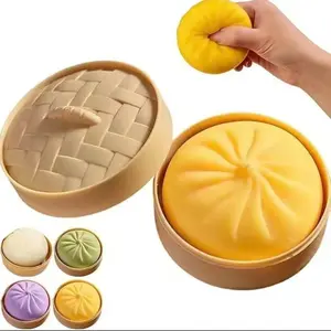 Colorful Dumpling Stress Ball Fidget Sensory Toy, Squeeze Dough Ball Stress-Relief Hand Toy, Bun with Food Steamer Stretchy Desk Squishy Toy, Kawaii Squishies, Glitter Squishy Fidget Toys