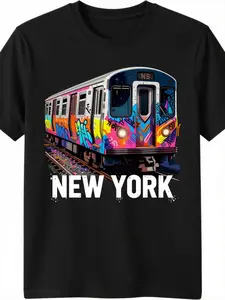 Men's New York City Subway Graphic T-Shirt - with Vibrant NYC Subway Train & Graffiti Art Retro Urban Streetwear Style All-Season Fit Round Neck Casual Tee for Men NYC Transit Enthusiast Apparel Graffiti Subway Art Design with A-Train & 42nd St